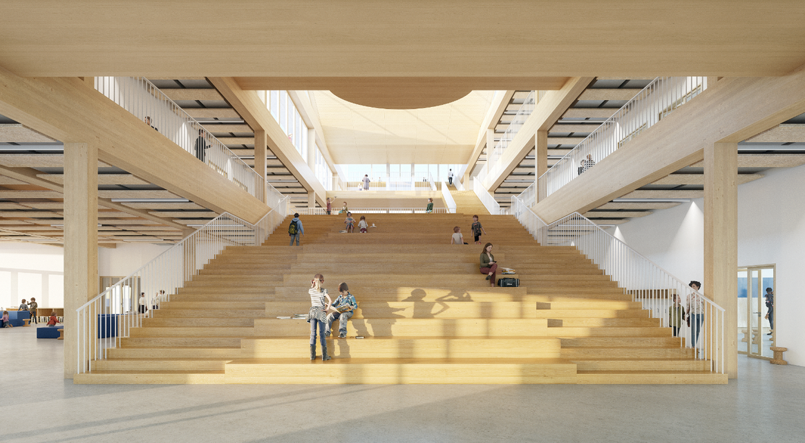 School group view of the wood hall crédit Sam Architecture
