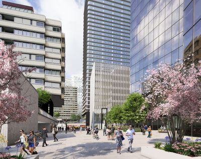 En 2023, la perspective sera dégagée vers le patio, et des salons paysagers remplaceront les dalles au pied de la tour Manhattan (c)Imica (image non contractuelle)