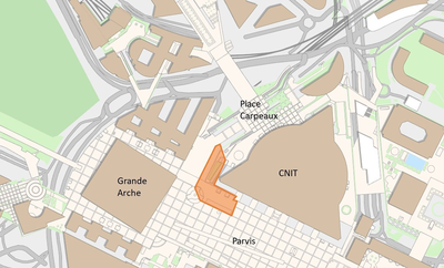 Localisation de la première zone qui sera aménagée à l’angle du CNIT, qui permettra de relier le Parvis et la Place Carpeaux